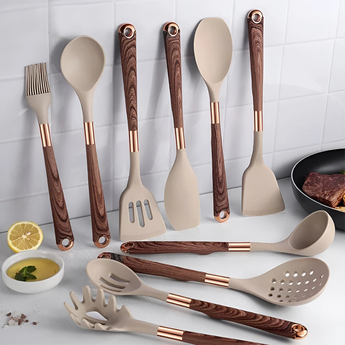 10-Piece Ergonomic Silicone Kitchen Utensil Set with Wooden Handles and Copper Hardware