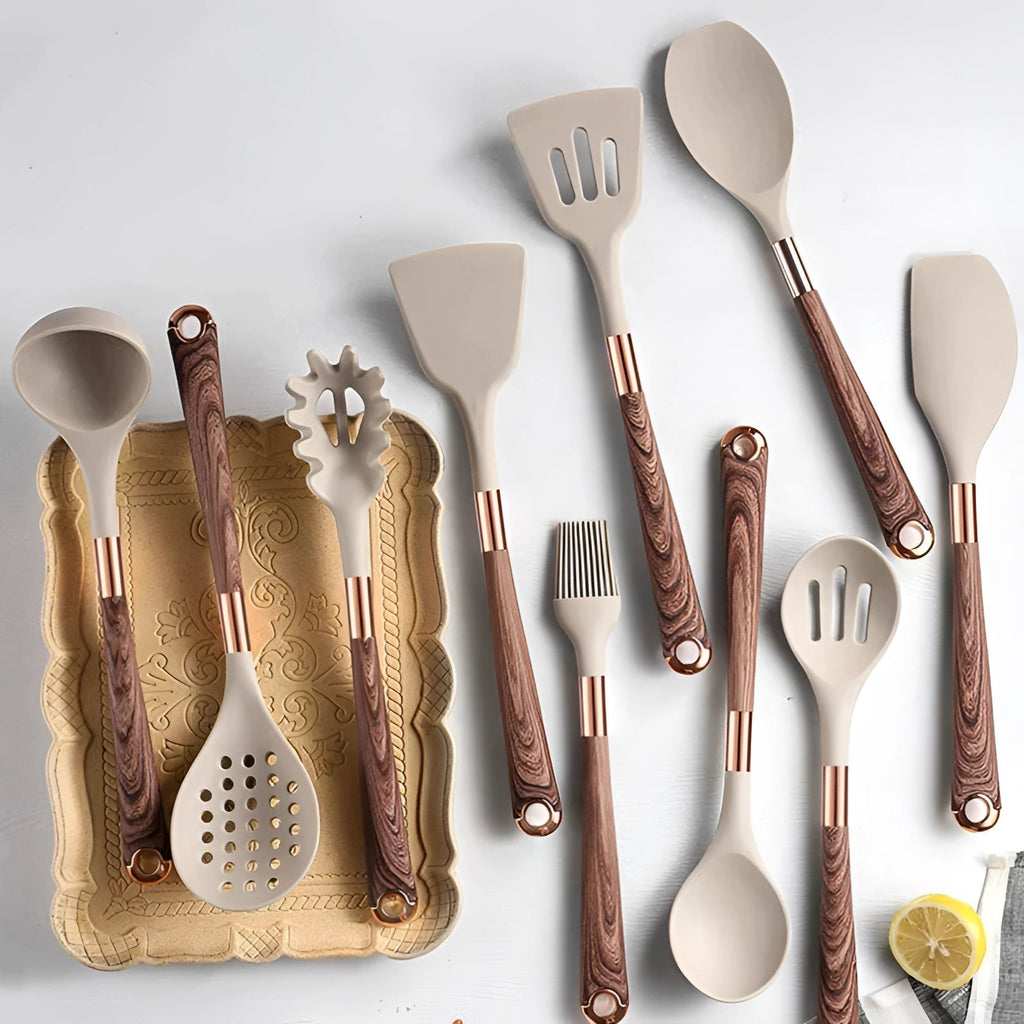 10-Piece Ergonomic Silicone Kitchen Utensil Set with Wooden Handles and Copper Hardware