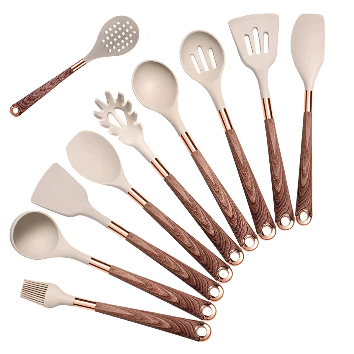 10-Piece Ergonomic Silicone Kitchen Utensil Set with Wooden Handles and Copper Hardware
