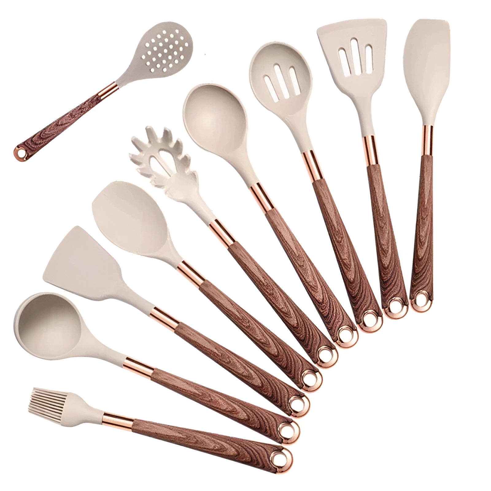10-Piece Ergonomic Silicone Kitchen Utensil Set with Wooden Handles and Copper Hardware