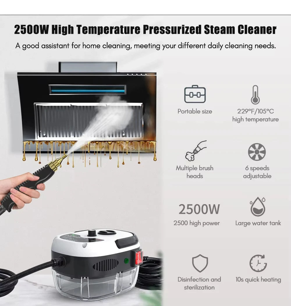 2500W Steam Cleaner with High Pressure - 6 Levels for Home and Kitchen