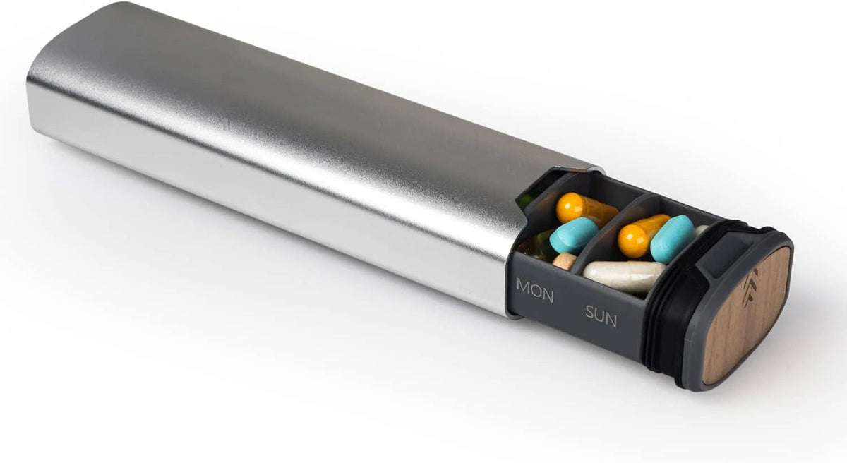 7-Day Pill Box - Sleek Aluminum & Wood Pill Organizer for Vitamins & Medicine