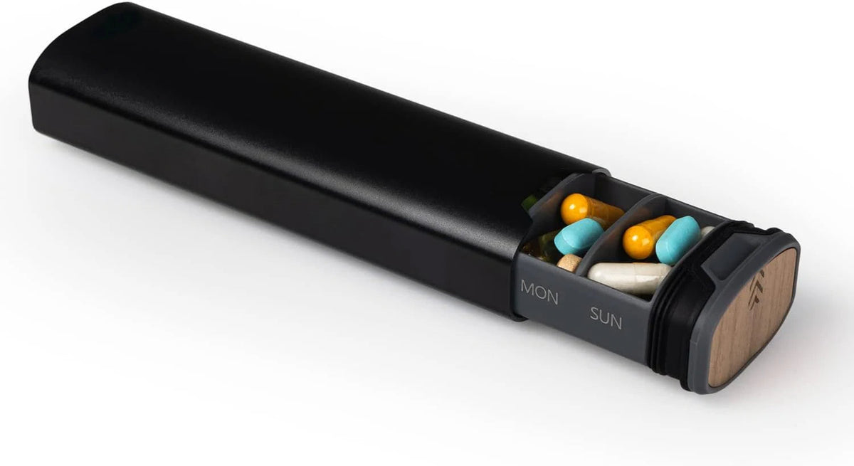 7-Day Pill Box - Sleek Aluminum & Wood Pill Organizer for Vitamins & Medicine