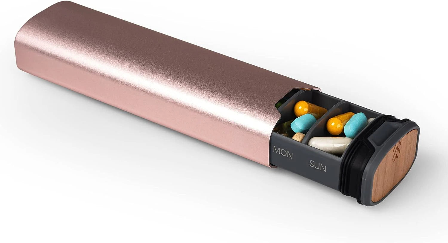 7-Day Pill Box - Sleek Aluminum & Wood Pill Organizer for Vitamins & Medicine
