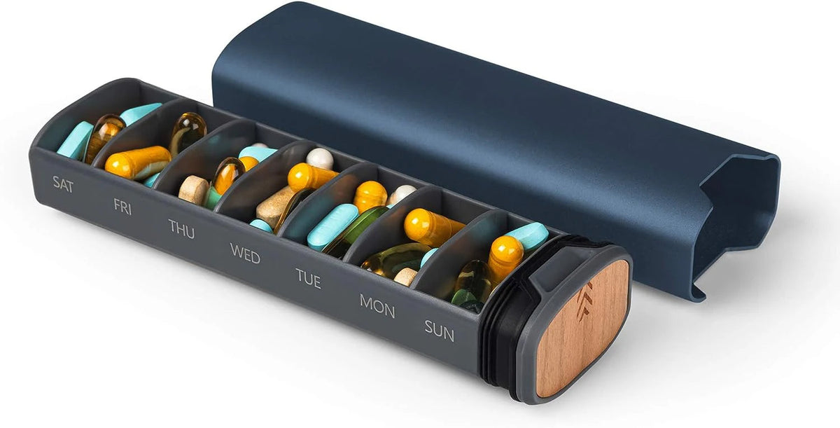 7-Day Pill Box - Sleek Aluminum & Wood Pill Organizer for Vitamins & Medicine