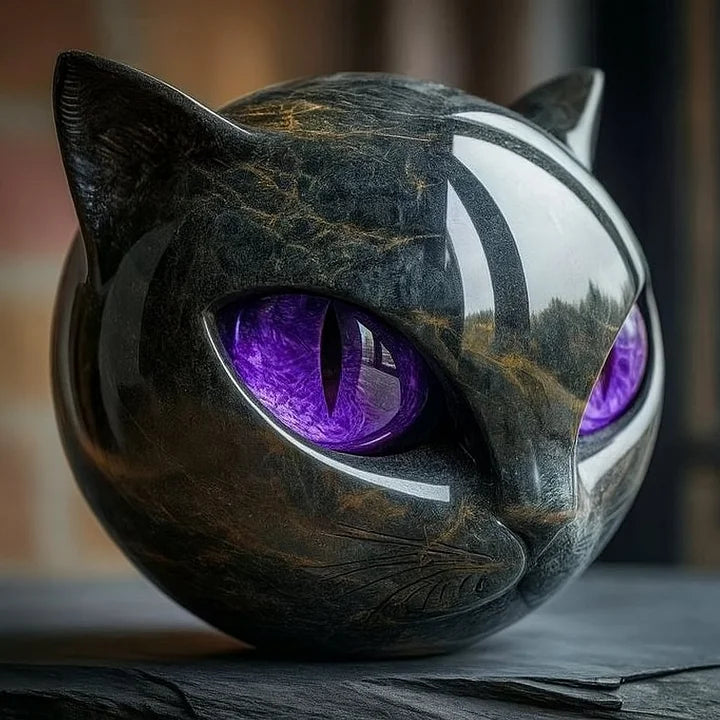 Black Cat Head Sculpture with Hypnotic Eyes