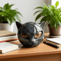 Black Cat Head Sculpture with Hypnotic Eyes