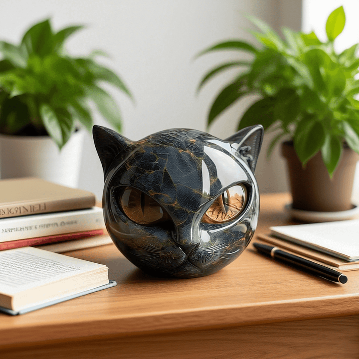 Black Cat Head Sculpture with Hypnotic Eyes