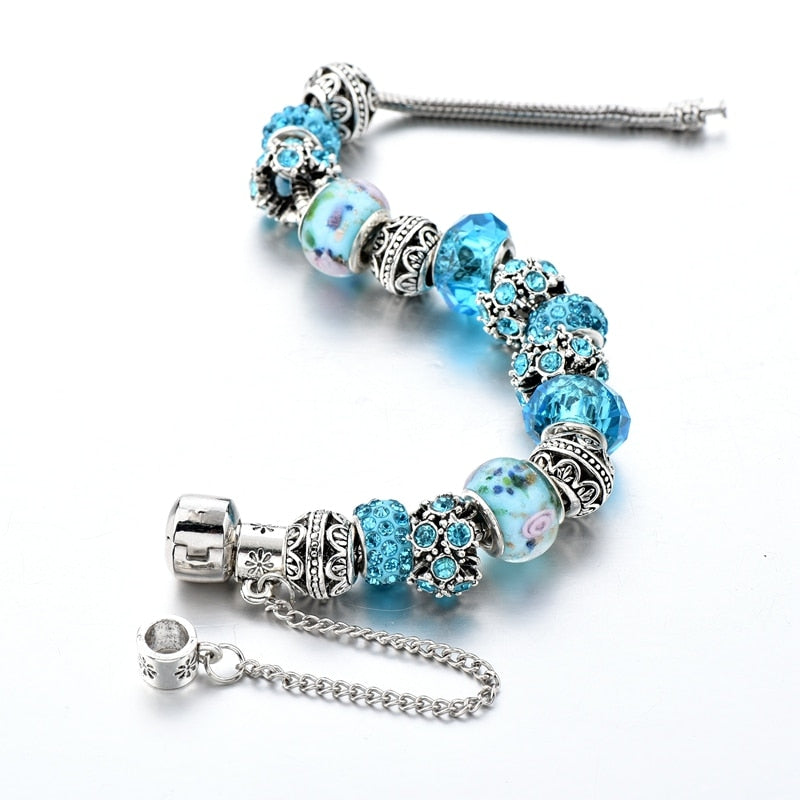 Ocean Blue Crystal Bead Charm Bracelet