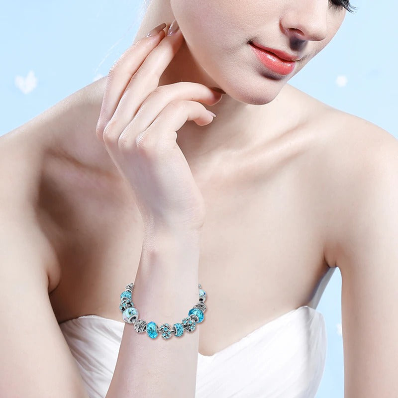 Ocean Blue Crystal Bead Charm Bracelet