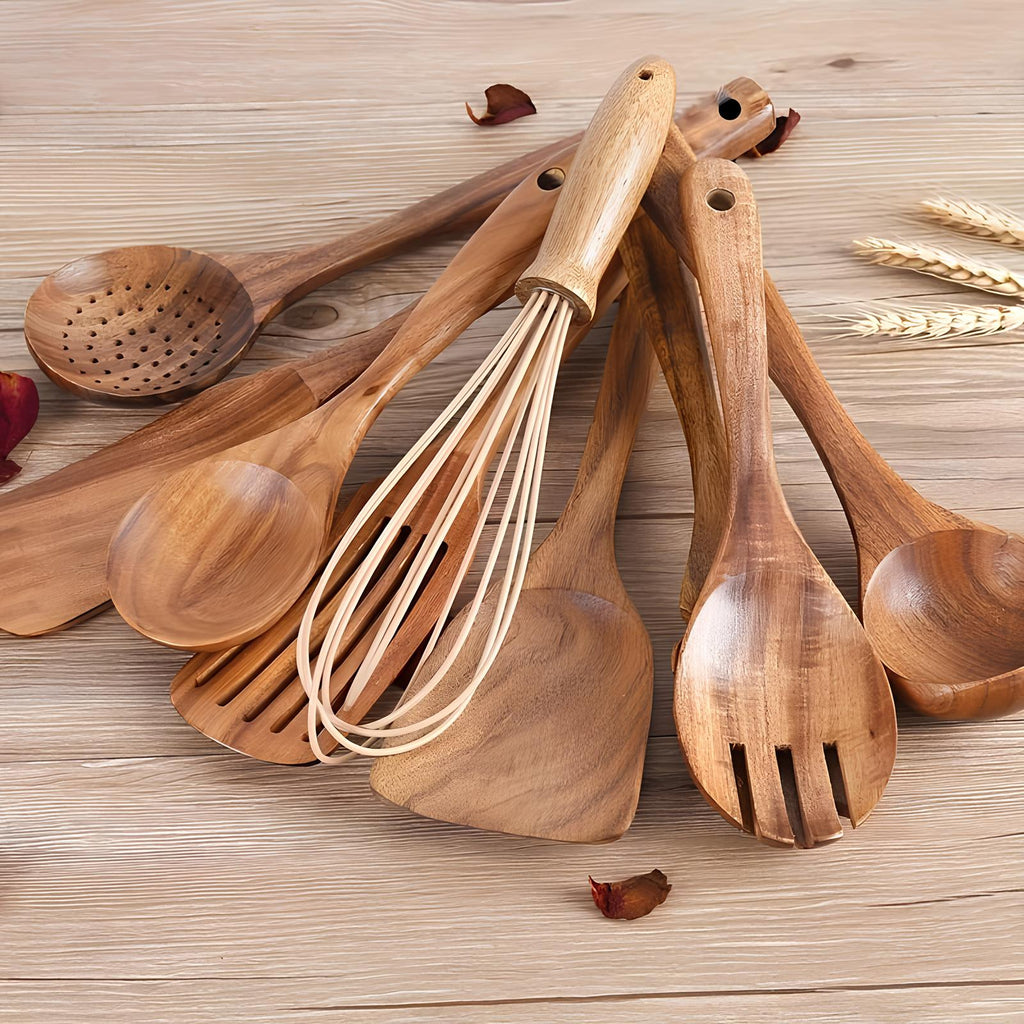 Sisica | 11-Piece Natural Teak Cooking Utensil Set with Holder