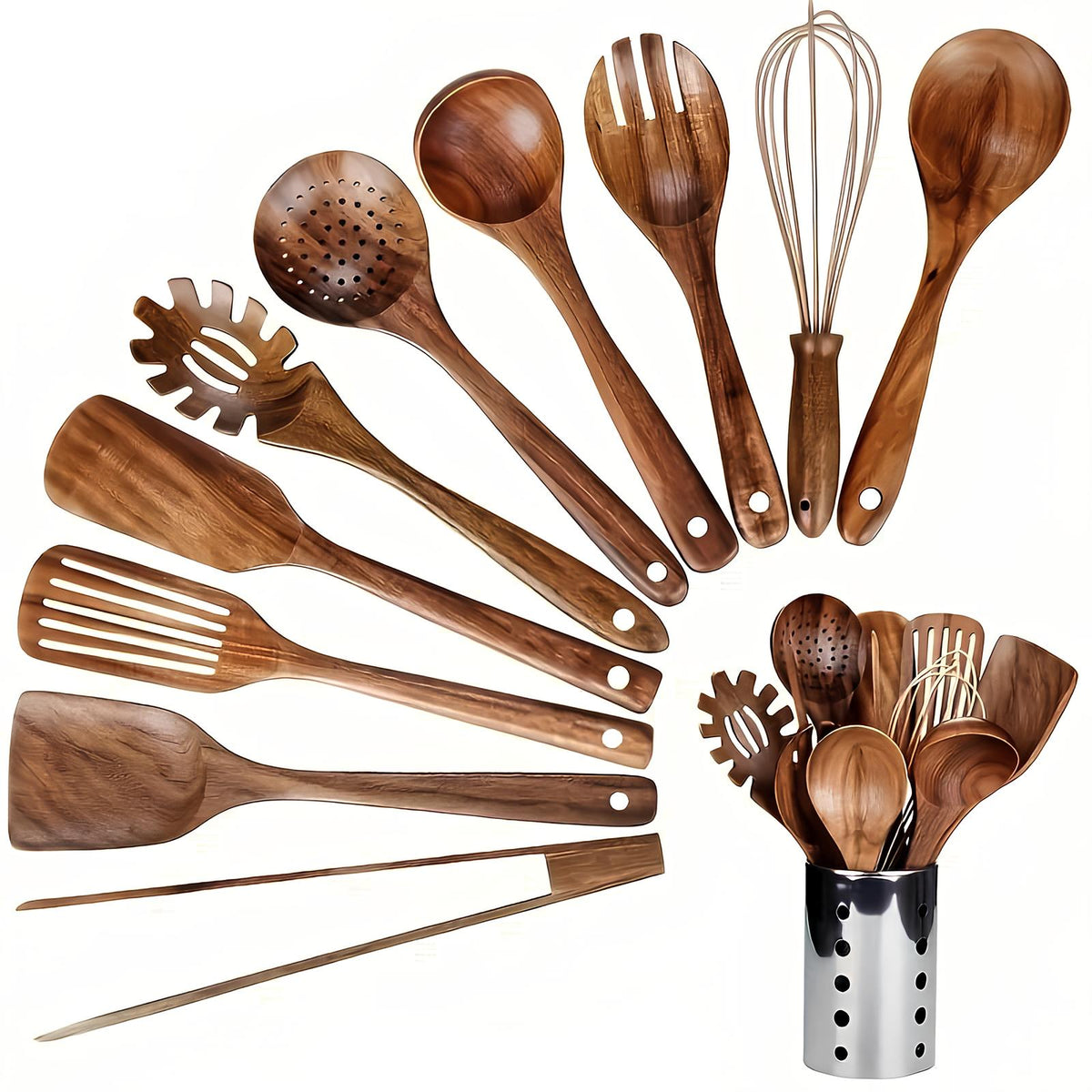 Charly | 11-Piece Teak Kitchen Tool Set | With Holder | Natural Wood