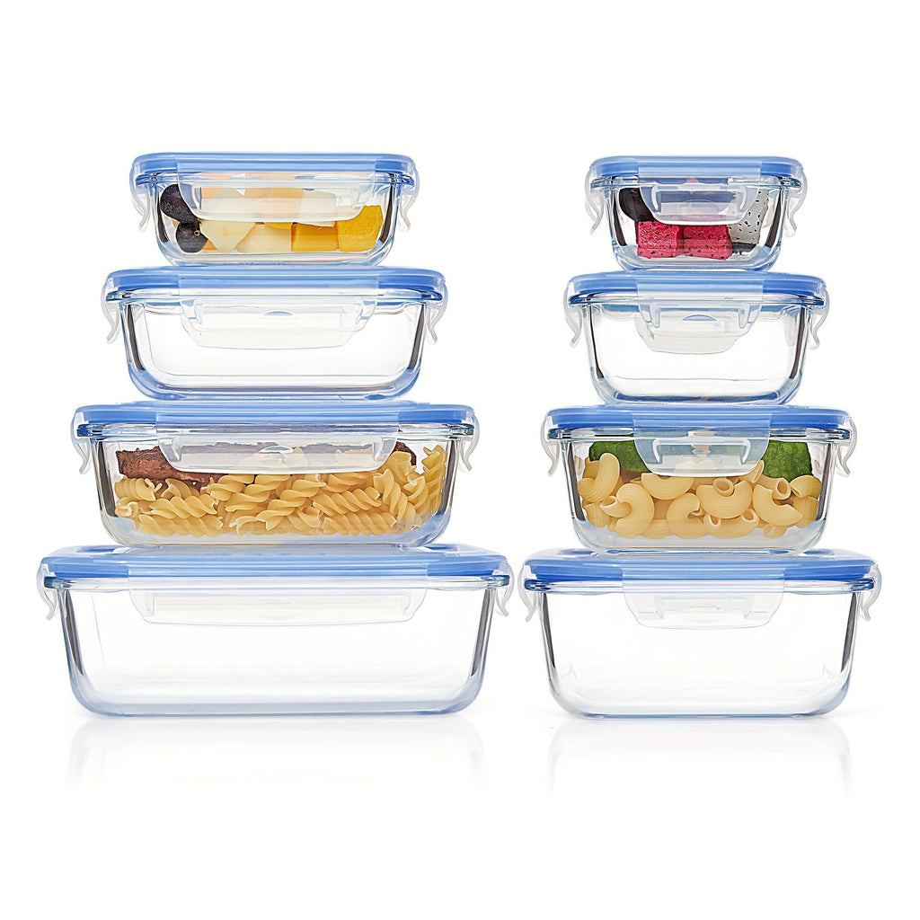 Charly | 8-Pack Glass Food Storage Containers – Airtight Meal Prep Bento Boxes with Leakproof, Lockable Lids, Microwave, Oven, Freezer, and Dishwasher Safe, BPA-Free