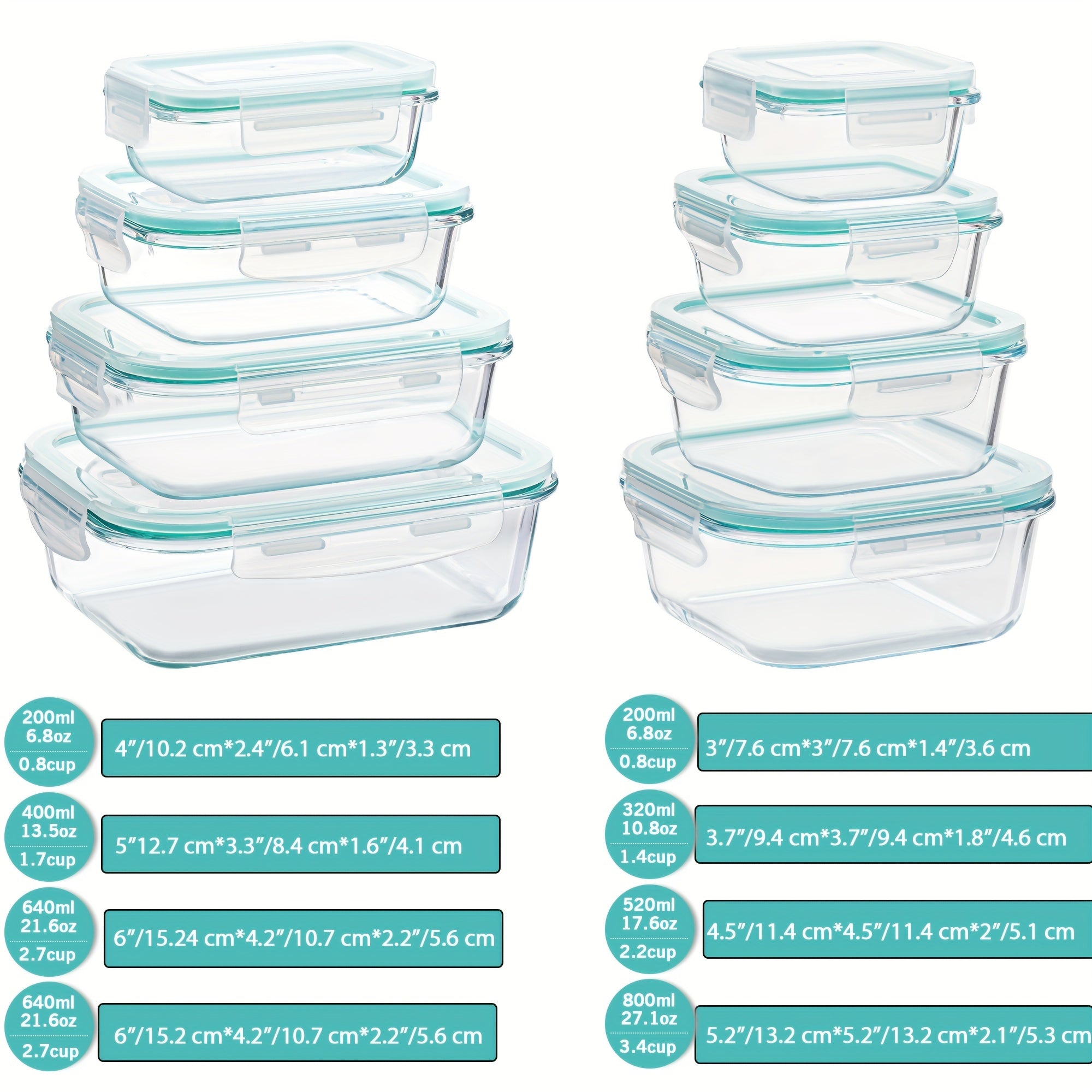 Sisica | 8-Pack Glass Food Storage Containers – Airtight Meal Prep Bento Boxes with Leakproof, Lockable Lids, Microwave, Oven, Freezer, and Dishwasher Safe, BPA-Free