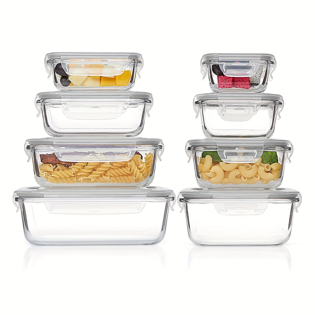 Charly | 8-Pack Glass Food Storage Containers – Airtight Meal Prep Bento Boxes with Leakproof, Lockable Lids, Microwave, Oven, Freezer, and Dishwasher Safe, BPA-Free