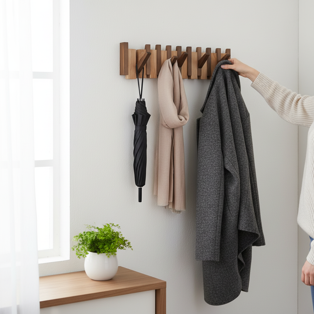 Sisica | Wall-Mounted Wood Entryway Organizer with Folding Hooks