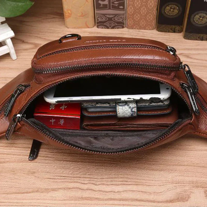 Sisica | Genuine Cowhide Leather Waist Bag for Men – Large Capacity Fanny Pack, Belt & Crossbody Travel Bag