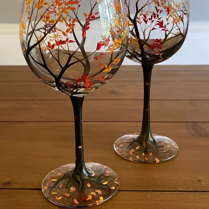 Charly | Hand Painted Four Seasons Tree Wine Glasses | Unique Art