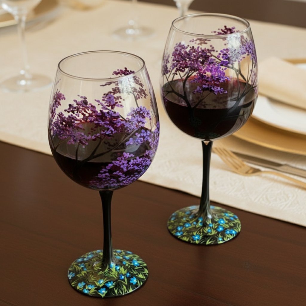 Sisica | Hand Painted Four Seasons Tree Wine Glasses | Unique Art