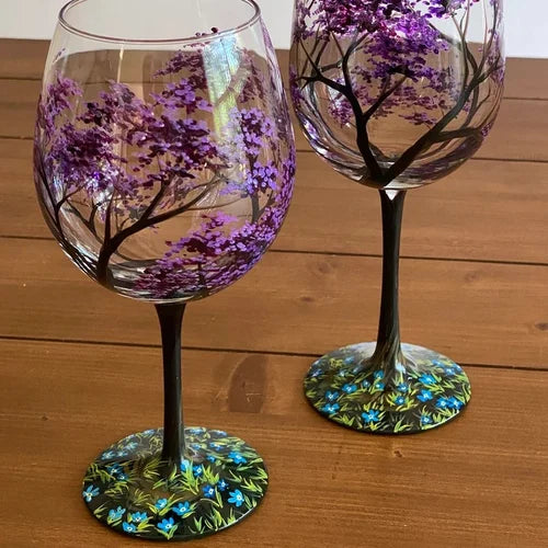 Charly | Hand Painted Four Seasons Tree Wine Glasses | Unique Art