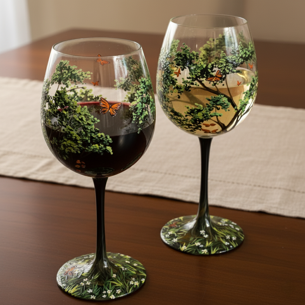Sisica | Hand Painted Four Seasons Tree Wine Glasses | Unique Art