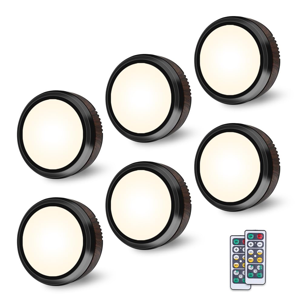 Sisica | Leastyle Remote Control LED Puck Light, Dimmable Battery-Powered Under Cabinet Light - 6 Pack Natural White