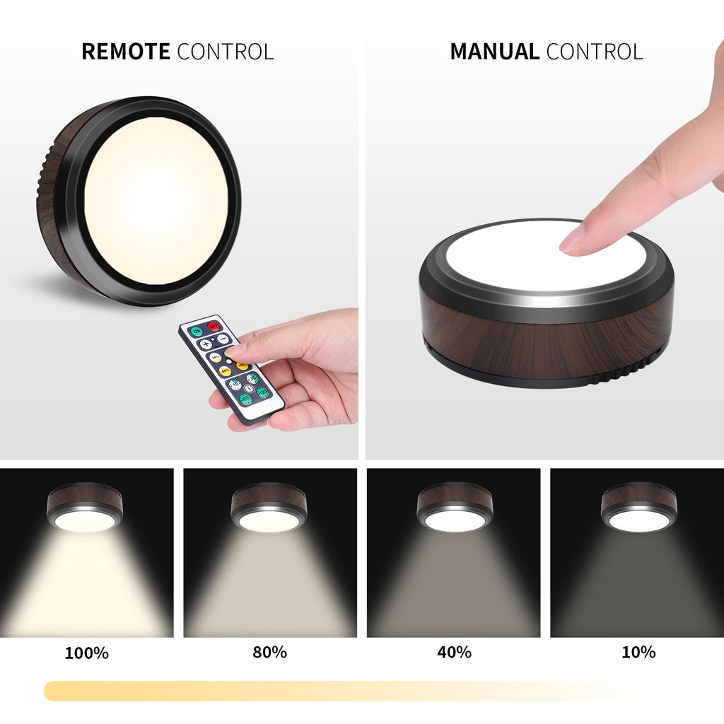 Charly | Leastyle Remote Control LED Puck Light, Dimmable Battery-Powered Under Cabinet Light - 6 Pack Natural White