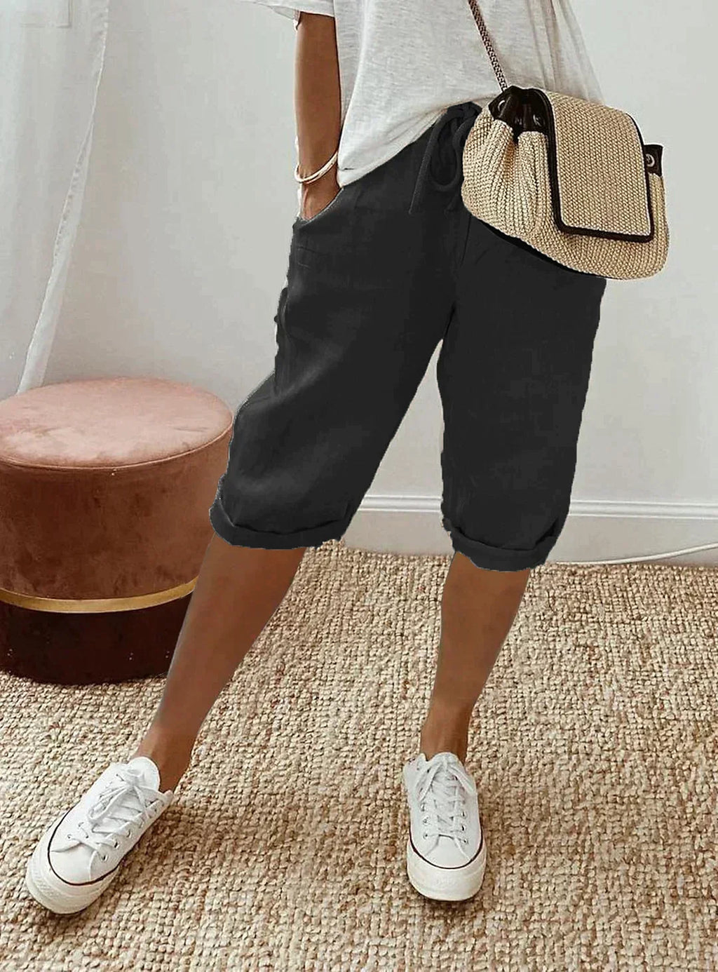 Charly | Women's Capri Linen Pants with Drawstring
