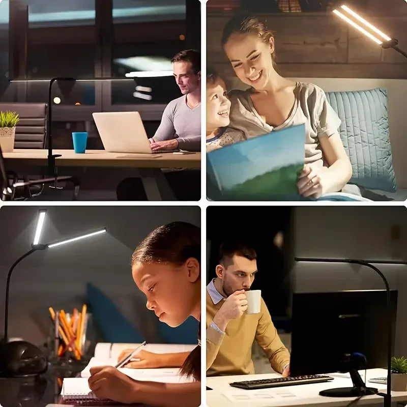 Double-Head Dimmable LED Desk Lamp with Clamp for Home Office