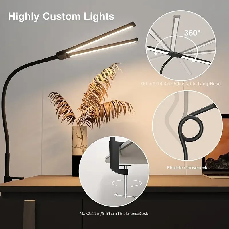 Double-Head Dimmable LED Desk Lamp with Clamp for Home Office