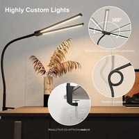 Double-Head Dimmable LED Desk Lamp with Clamp for Home Office