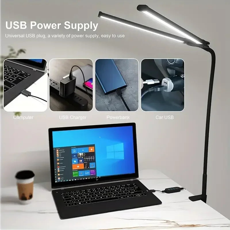 Double-Head Dimmable LED Desk Lamp with Clamp for Home Office