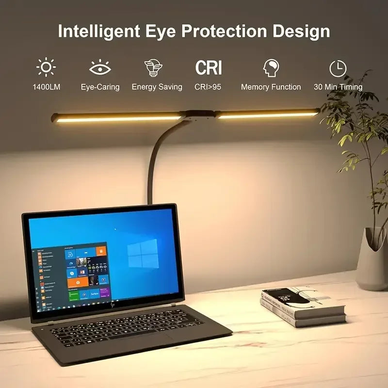 Double-Head Dimmable LED Desk Lamp with Clamp for Home Office