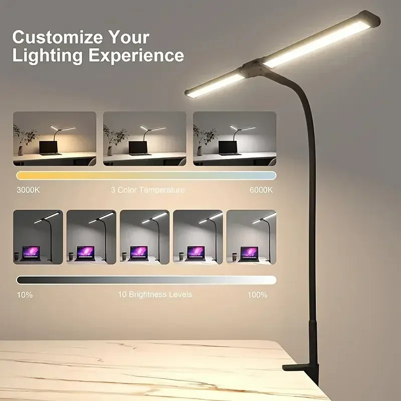 Double-Head Dimmable LED Desk Lamp with Clamp for Home Office
