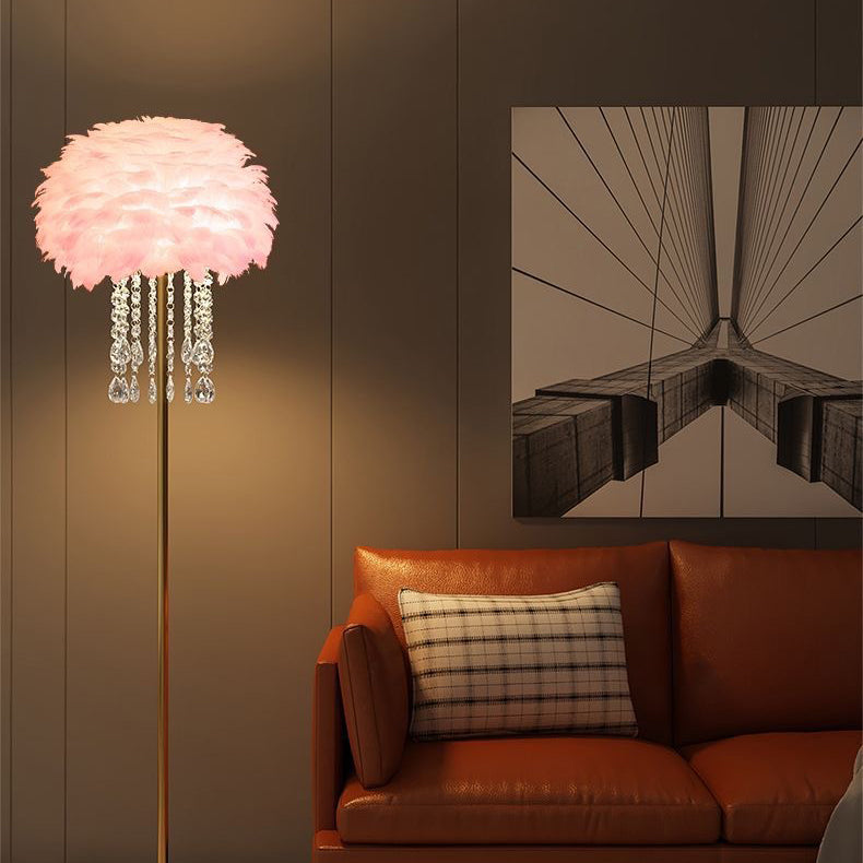 Elegant Nordic Floor Lamp with Feather and Crystal Shade