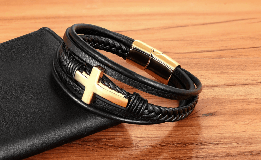 Leather Wrap Bracelet with Cross Accent