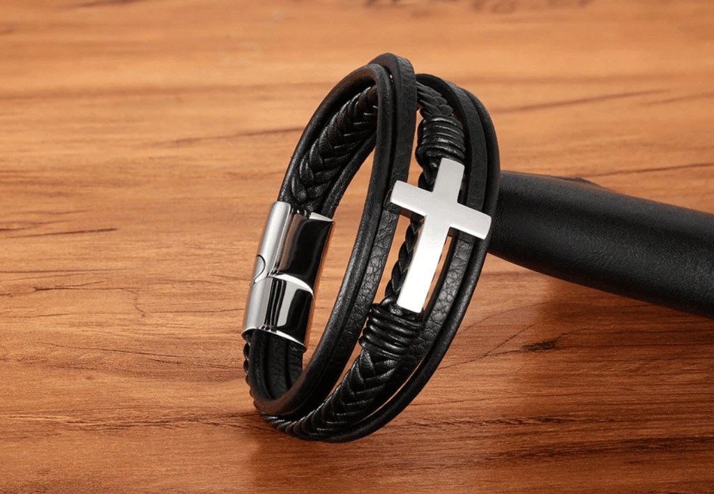 Leather Wrap Bracelet with Cross Accent