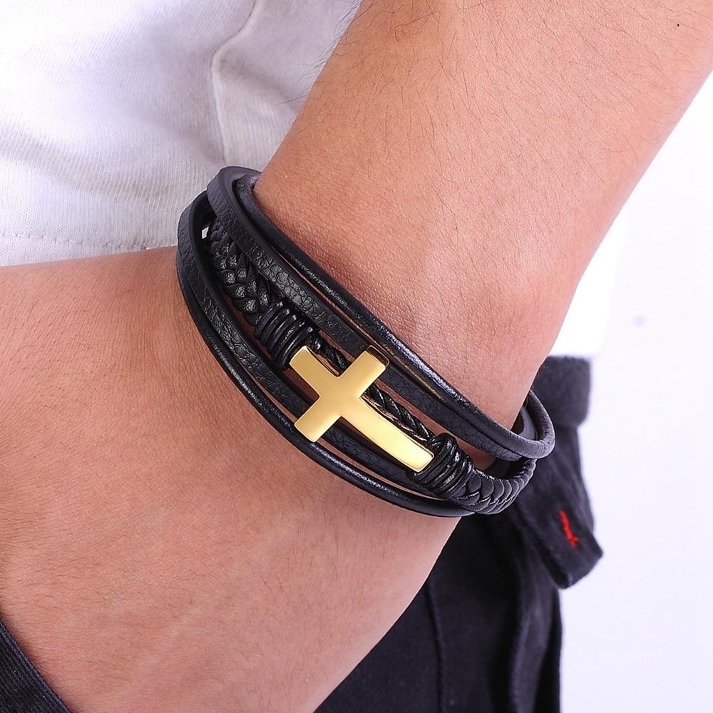 Leather Wrap Bracelet with Cross Accent