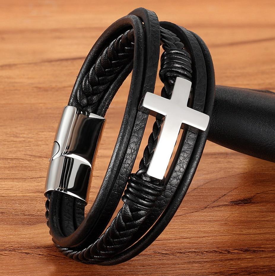 Leather Wrap Bracelet with Cross Accent