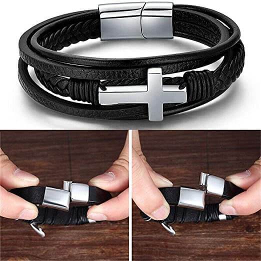 Leather Wrap Bracelet with Cross Accent