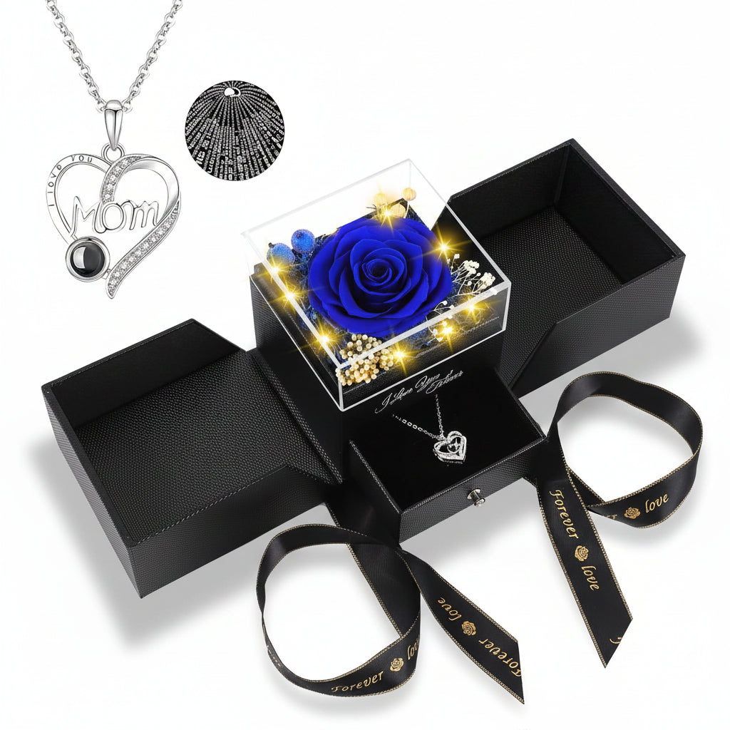 Preserved Eternal Flower Rose Gift Box with LED Light and Love Necklace