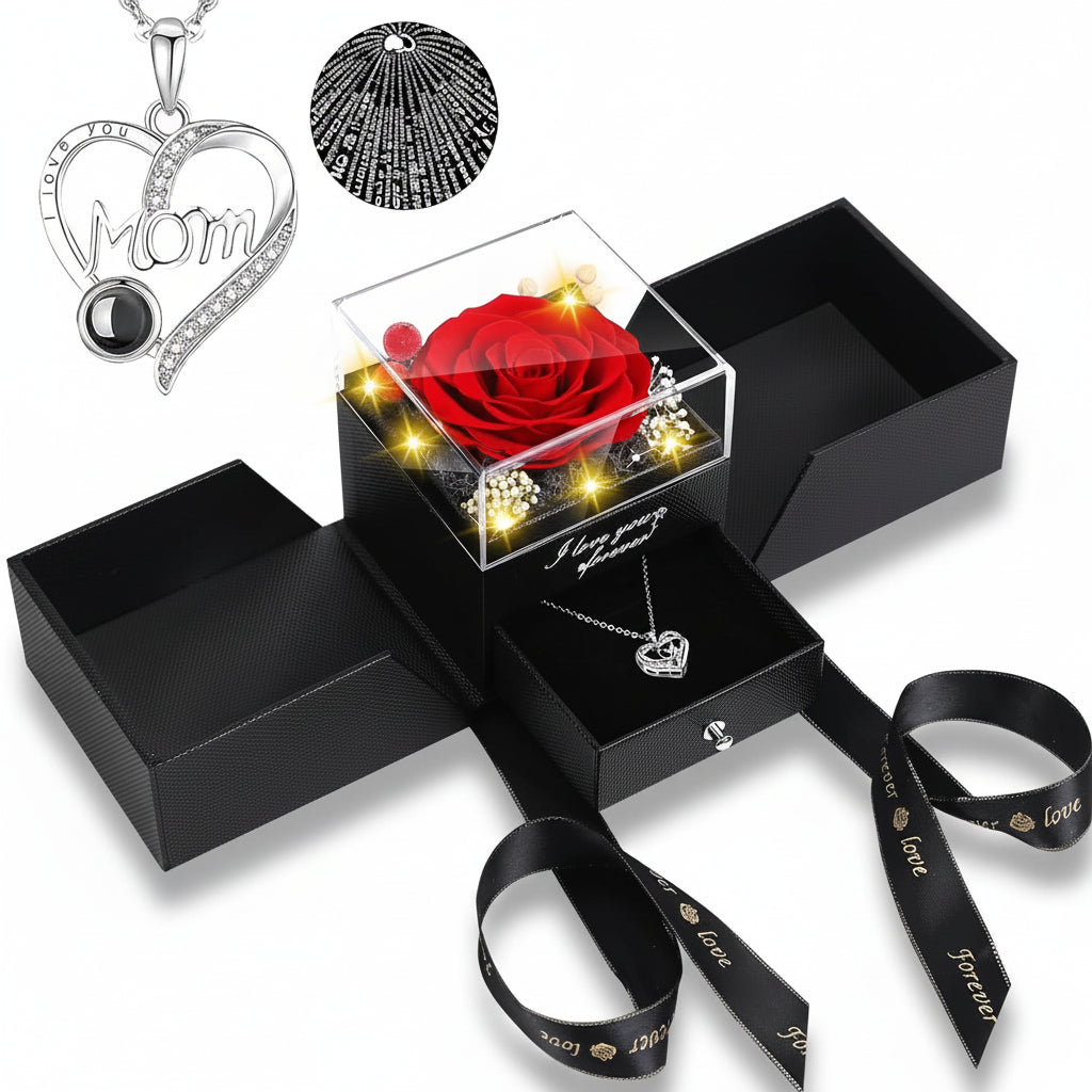 Preserved Eternal Flower Rose Gift Box with LED Light and Love Necklace