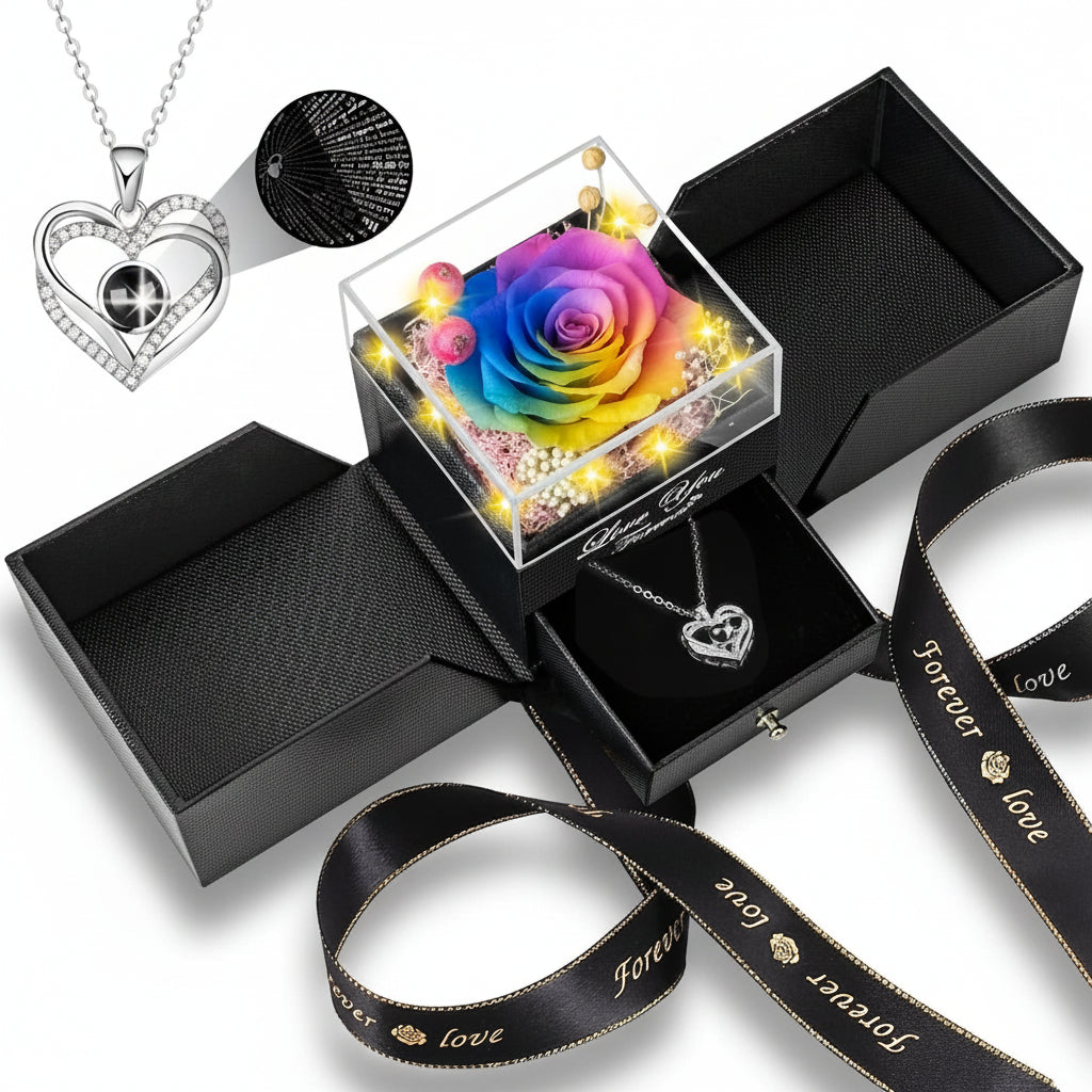 Preserved Eternal Flower Rose Gift Box with LED Light and Love Necklace