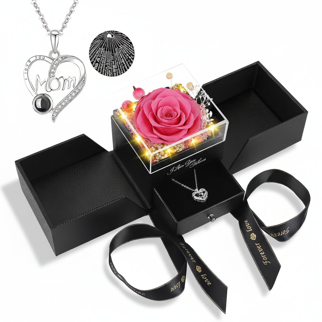 Preserved Eternal Flower Rose Gift Box with LED Light and Love Necklace