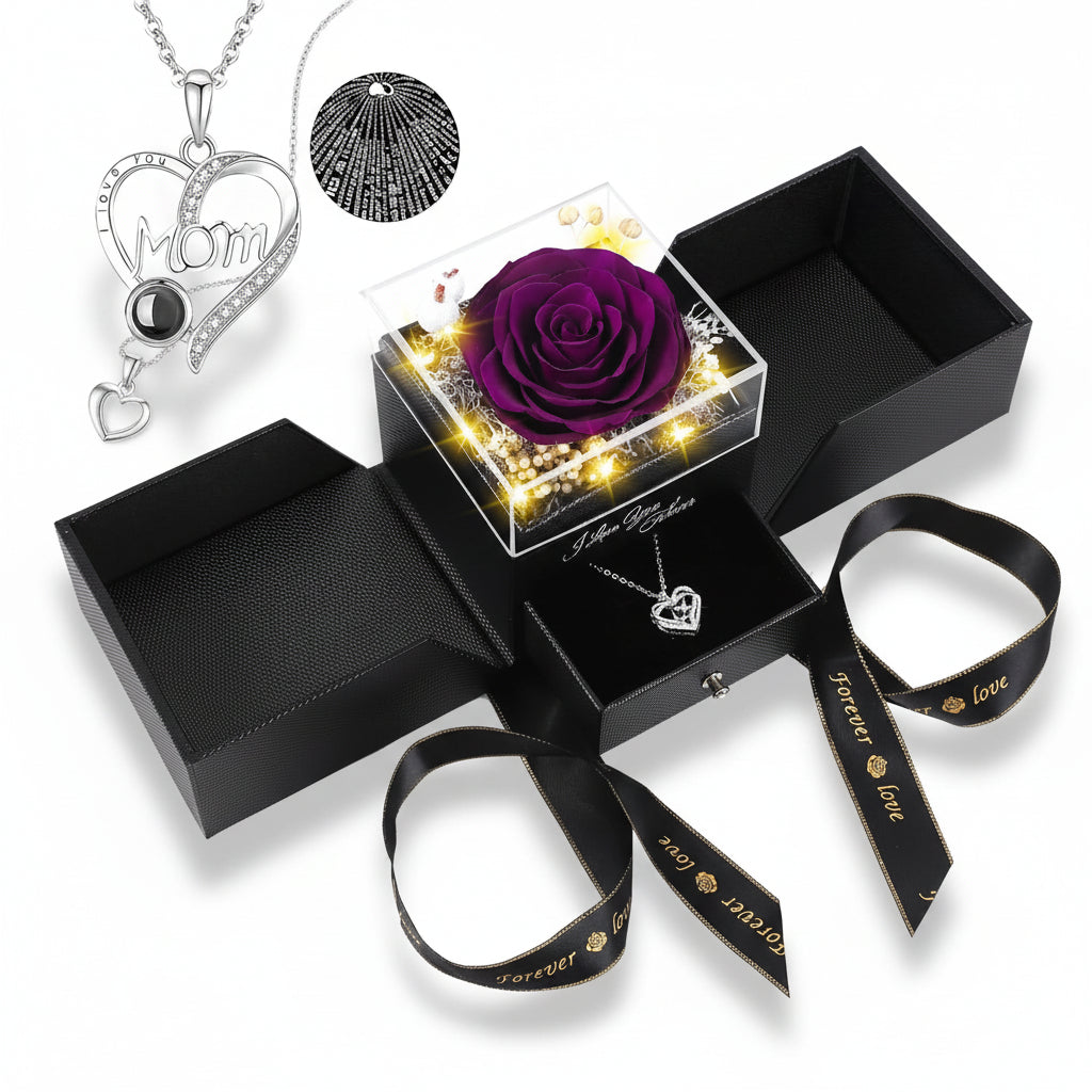 Preserved Eternal Flower Rose Gift Box with LED Light and Love Necklace