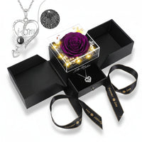 Preserved Eternal Flower Rose Gift Box with LED Light and Love Necklace