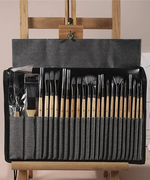Professional Art Brushes with Natural Wood Handles Set