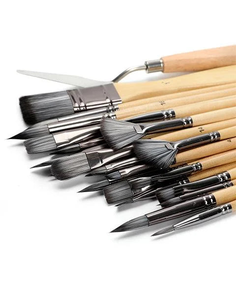Professional Art Brushes with Natural Wood Handles Set