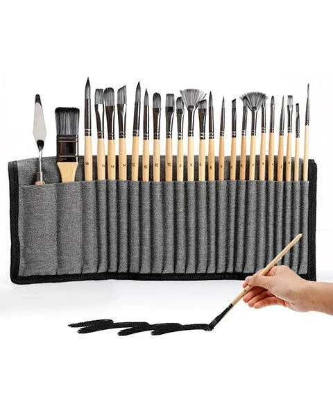 Professional Art Brushes with Natural Wood Handles Set