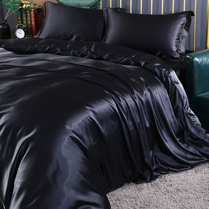 Sett (4 pieces) Silk/Satin Bedding Duvet Cover-2x Pillowcases-Sheet